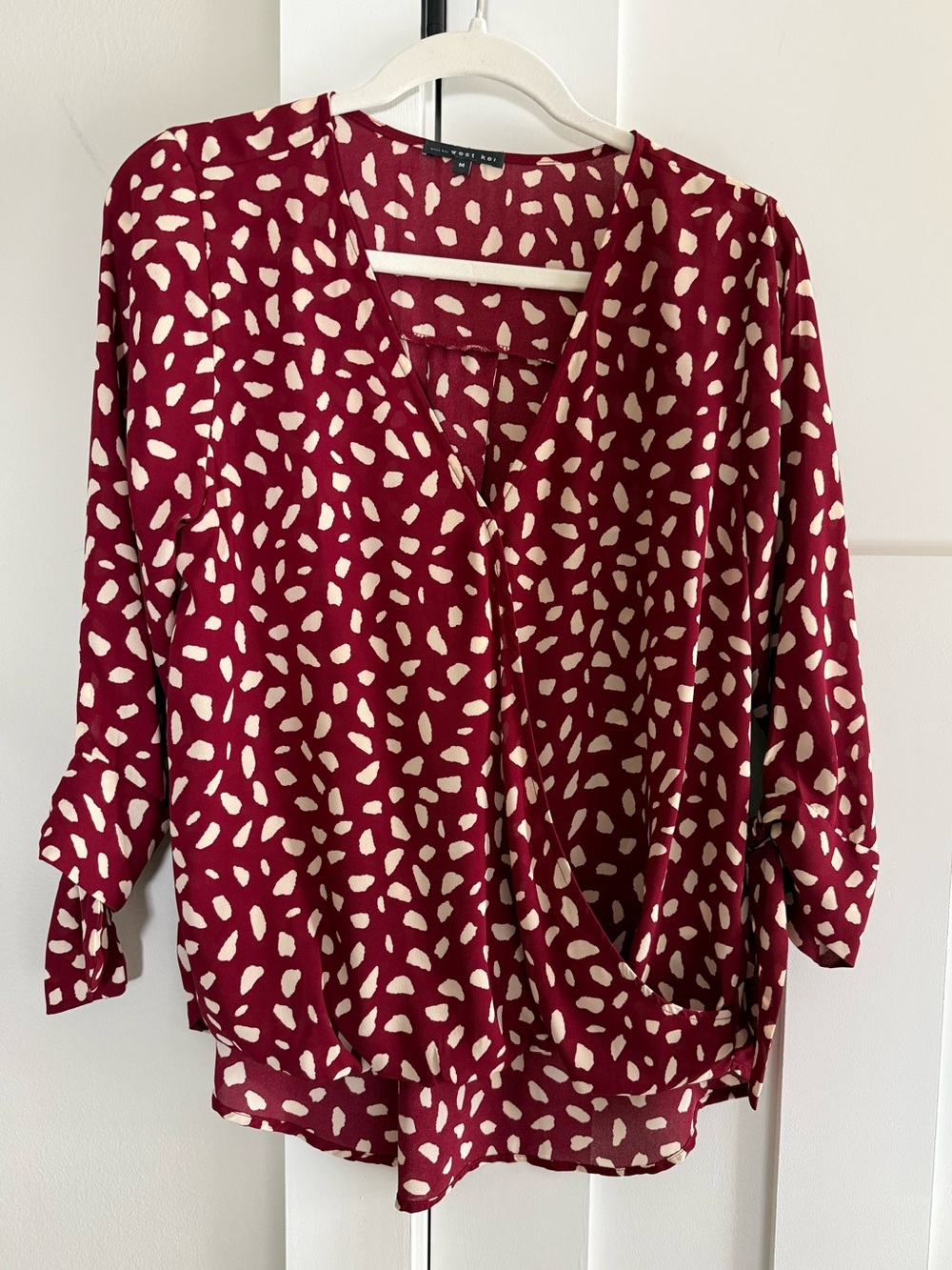 West Kei Stitch Fix Faux-Wrap Top 3/4 Sleeves Red/Cream Animal Print M